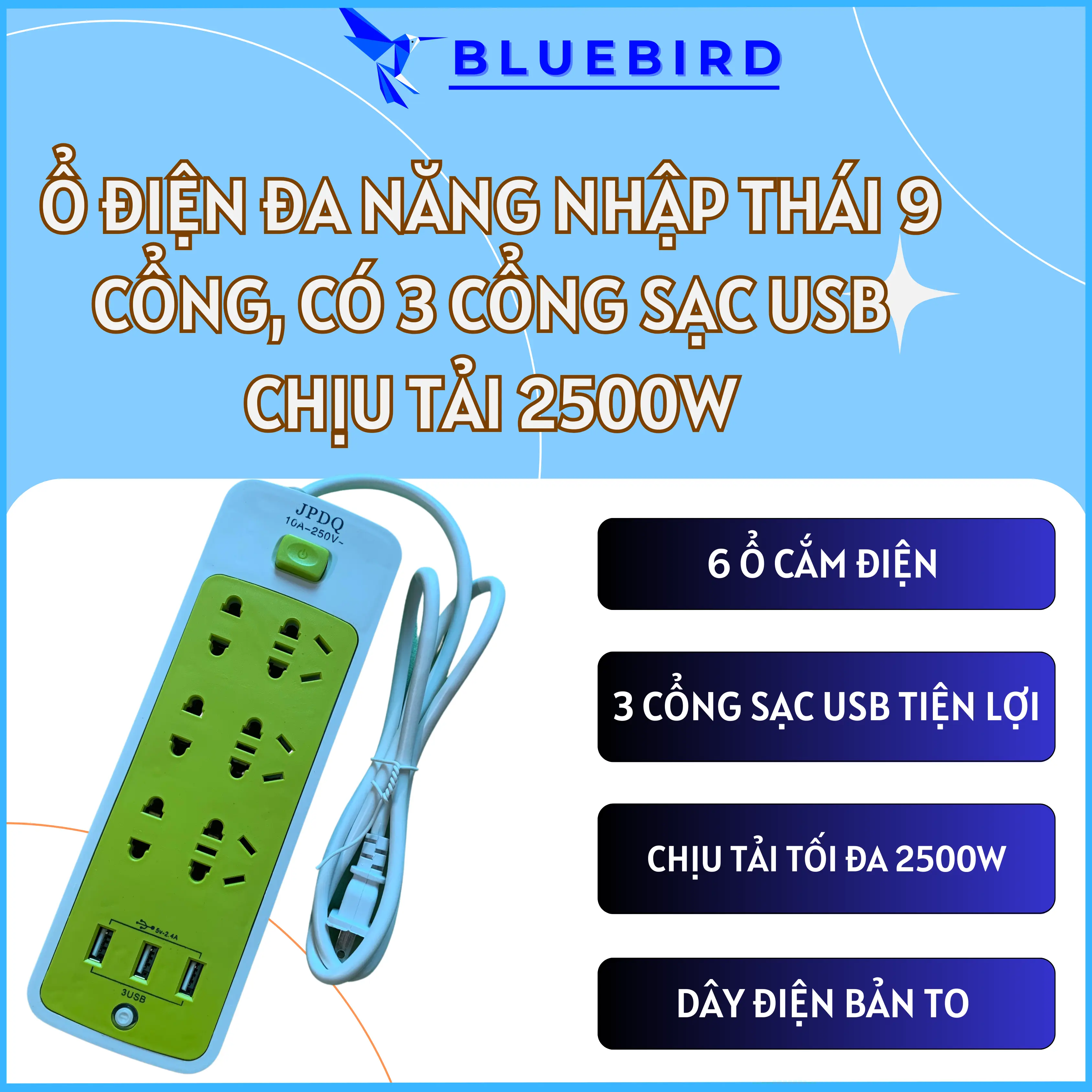 Ổ Cắm Điện Đa Năng 9 Cổng, Kèm 3 Cổng Sạc USB Tiện Lợi, Chịu Tải 2500W Phiên Bản 2023