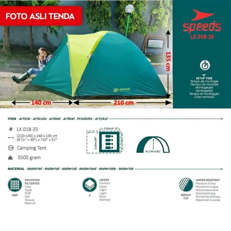 TENDA CAMPING SPEEDS LX018-35  240cm x 210cm x 135cm 1