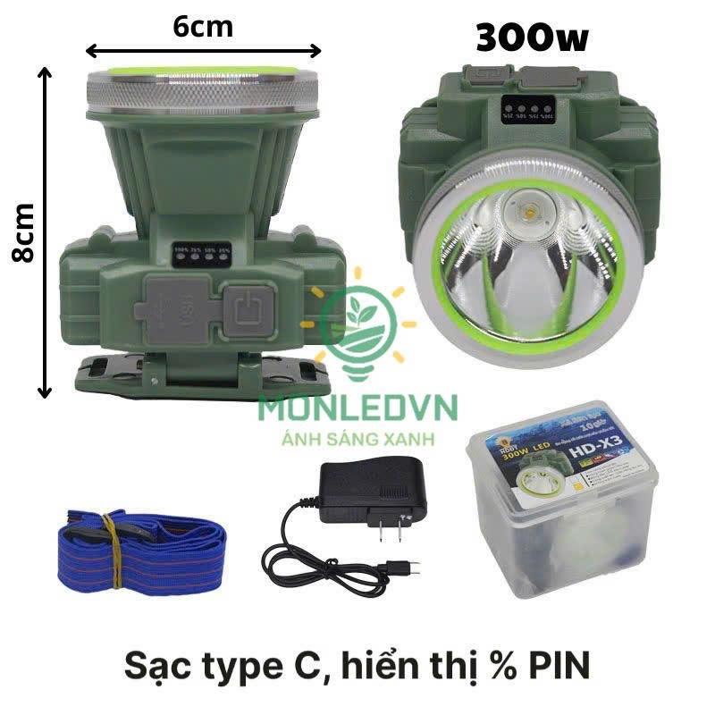 Đèn pin đội đầu X3, X4 công suất 300W sáng mạnh 8H liên tục, sạc type C , có hiển thị % PIN, chiếu xa 150M và 3 chế độ sáng - Ánh sáng trắng