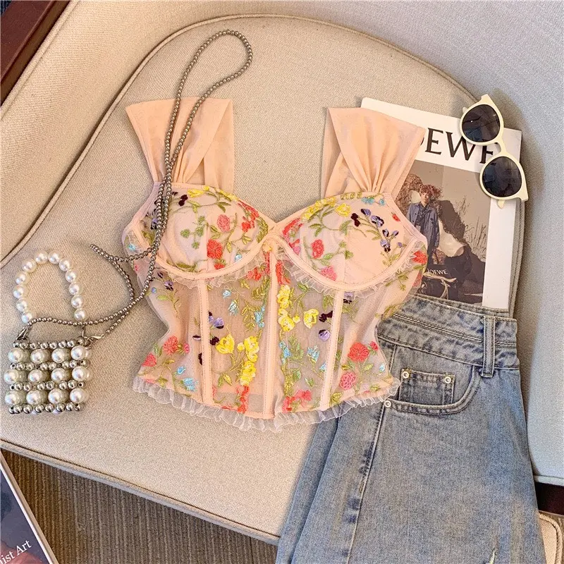 Áo Bra Corset Hoạ Tiết Hoa Thêu Vai Bèo Mặc Đi Biển Siêu Đẹp Thời Trang Ar30 Nữ Bẹt Vai Women  Đen Top
