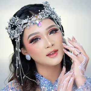 Crown / Bando Pengantin / Bando Mutiara Elastis / Headpiece / Aksesoris Pengantin Perempuan Gold Silver Pink Rose Putih Biru