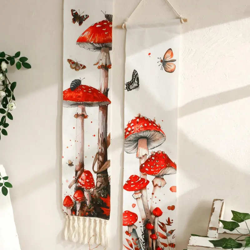 Mushroom & Butterfly Pattern Wall Hanging Tapestry, 1 Count Wooden Wall Decor, Wall Hanging Decor for Home Living Room Bedroom, Hangable 5