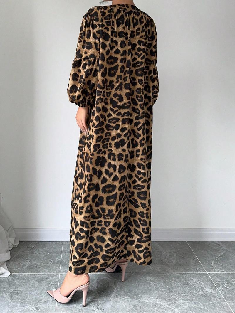 Product Introduction of 【Plus Size】 Leopard Print Notched Neck Dress, Casual Bishop Sleeve Dress for Spring & Fall, Women's Clothes for Daily Wear 4