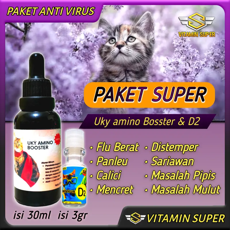 Vitamin Kucing Paket Anti Virus D2 dan Uky Amino  Obat Flu Berat, Panleu, Calici, Distemper, Mencret, Pipis Darah, Batuk, Muntah, Sariawan, Lemes, Imun dan Antibodi nya Kuat 0