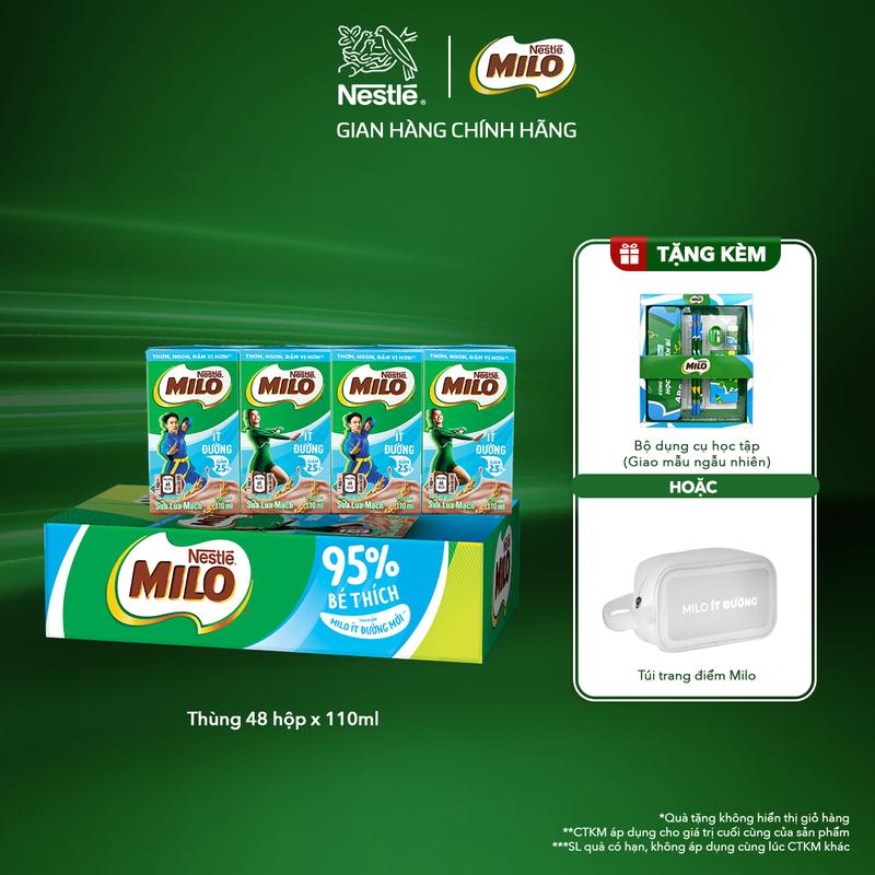 Nestlé VN Sữa lúa mạch Nestlé MILO Ít Đường thùng 48 hộp x 110ml-ST