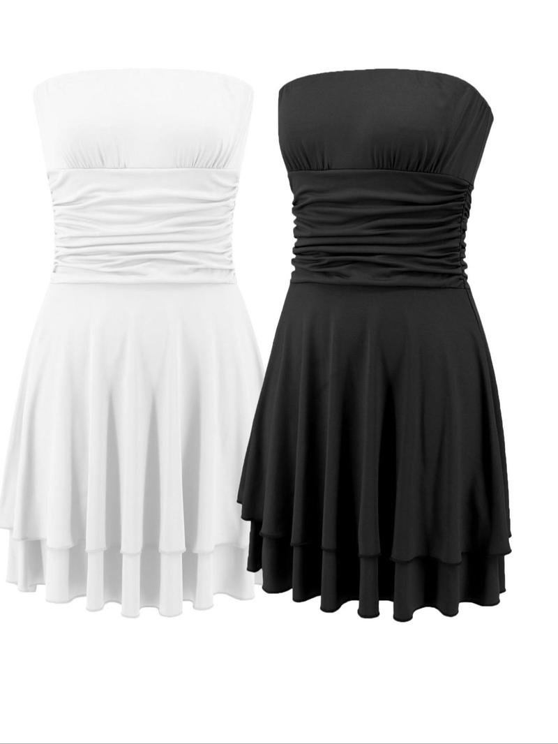 Product Introduction of Women's Solid Ruched Backless Tiered Layer Tube Dress, Elegant Strapless Sleeveless A Line Short Sundress, Casual Dresses for Women, Holiday Dresses, Minimalist Summer Dresses, Lady Clothes for Beach Holiday 5