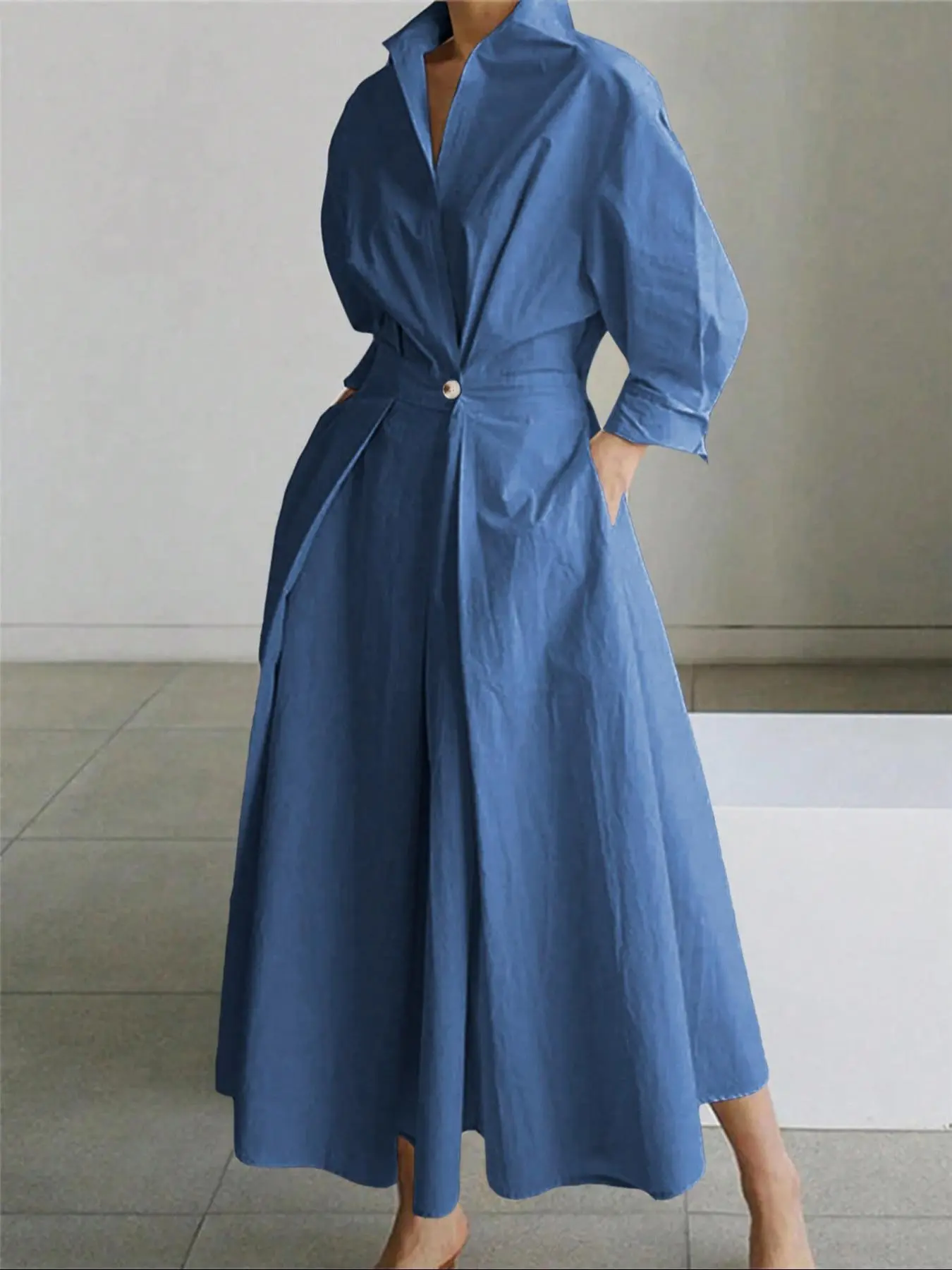 Women's Plain Button Pocket Drop Shoulder Shirt Dress, Elegant Long Sleeve Collared Long Dress for Spring & Fall, Women's Clothing for Daily Wear