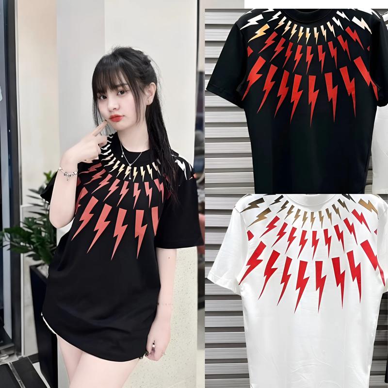 Áo Thun Unisex Nam Nữ In Hình Tia Sét Đỏ Cam Trắng Quanh Cổ -Thiết Kế From Rộng Áo Thun Cháy Phố Cho Các Boy Phố Girl Phố Top Women Cổ Tròn