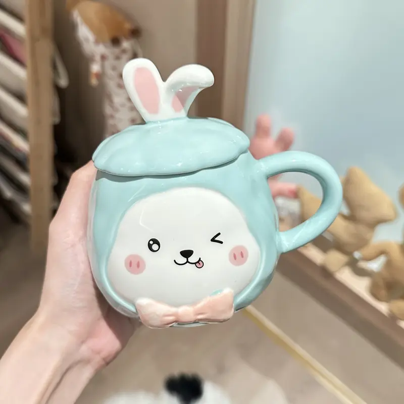 Ly cốc sứ có nắp đậy hình thỏ dễ thương 450ml, cốc uống nước có nắp đậy kèm thìa - TTB 3