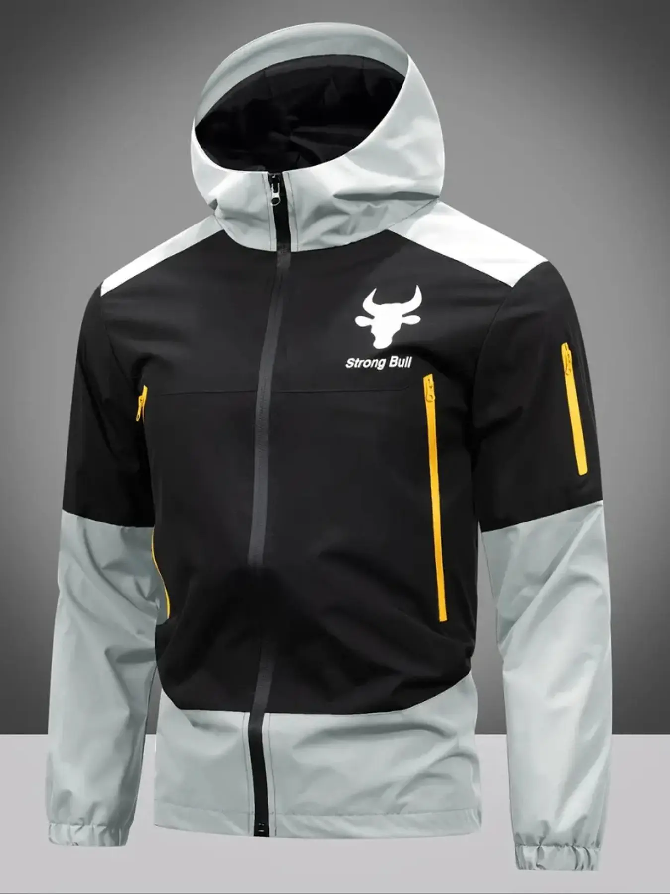 Men's Colorblock Bull Head Print Zip Up Hooded Jacket, Casual Regular Fit Windproof Waterproof Pocket Long Sleeve Outerwear for Outdoor Activities, Men's Clothes for Fall & Winter