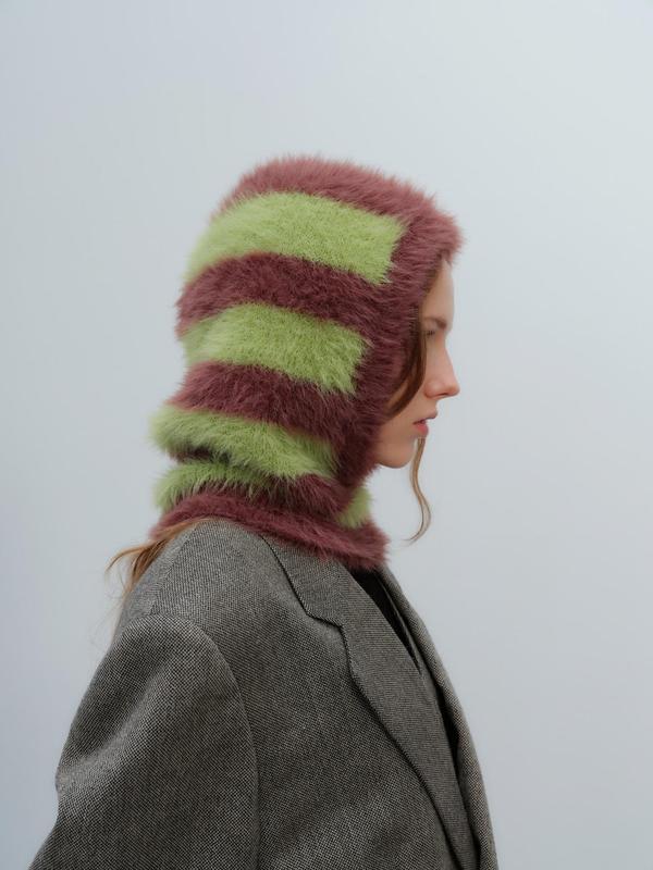 Unisex Striped Pattern Faux Fur Lined Balaclava Hat, Casual Windproof Warm Knit Hat for Fall & Winter, Fashion Accessories for Outdoor Commuting 3