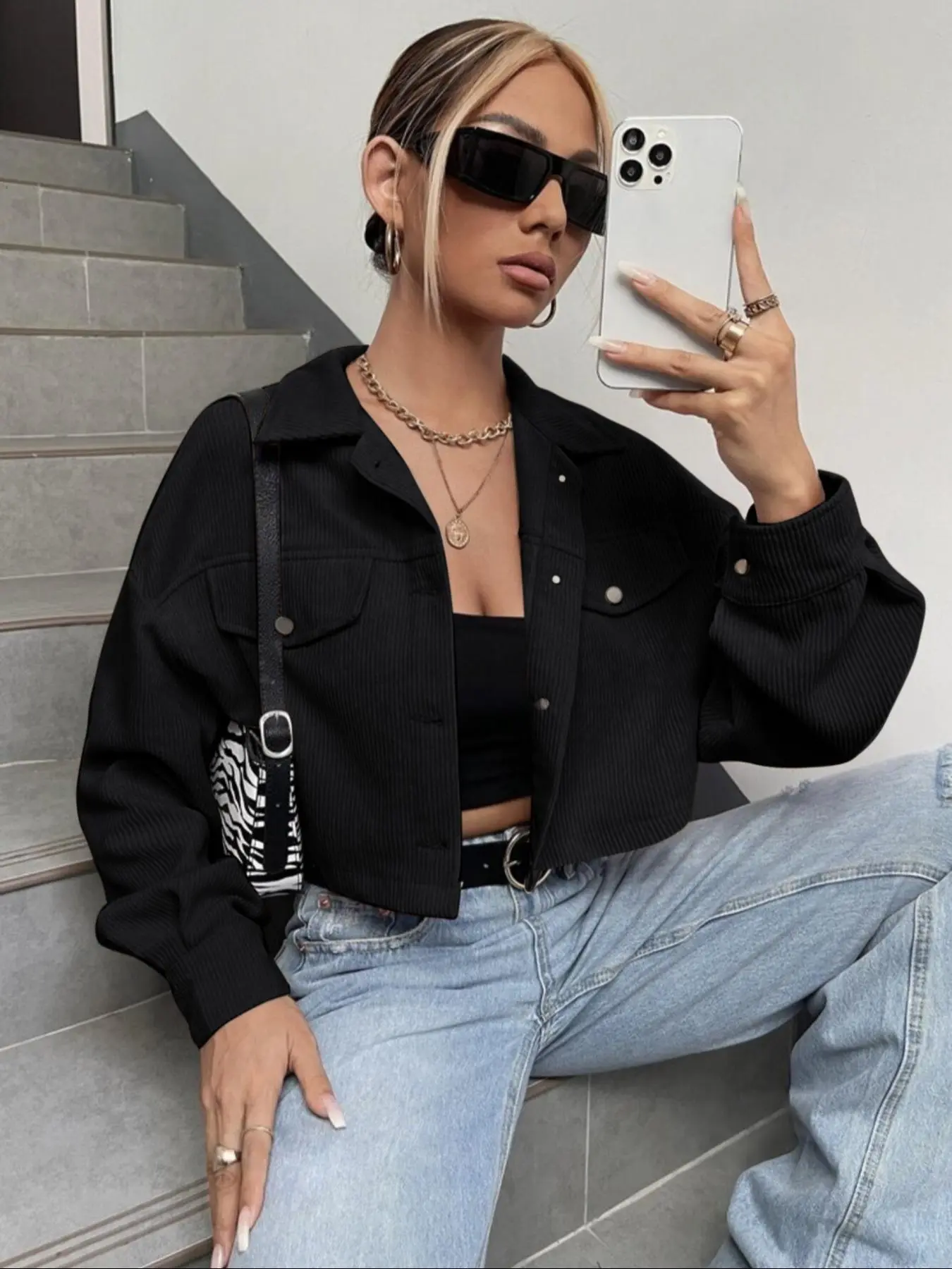 Women's Solid Button Front Drop Shoulder Crop Coat, Casual Long Sleeve Flap Detail Outerwear for Fall & Winter, Ladies Clothes for Daily Wear