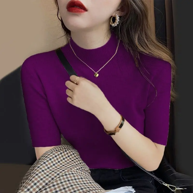 Áo Dệt Kim Cho Nữ, Cổ Cao, Mỏng Vừa Vặn, Áo Sơ Mi Thường Ngày Áo Cánh ngắn Tay Nữ, Phong Cách Hàn Quốc, Dáng Ôm, Áo Phông, M99, Hàng Mới Về 2