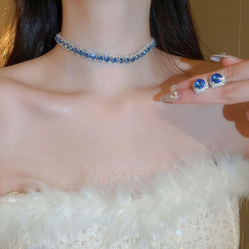 Blue Diamond Necklace Earrings Light Luxury Choker Necklace Clavicle Chain Women's High-Grade Dress Wedding Dinner Accessories 1