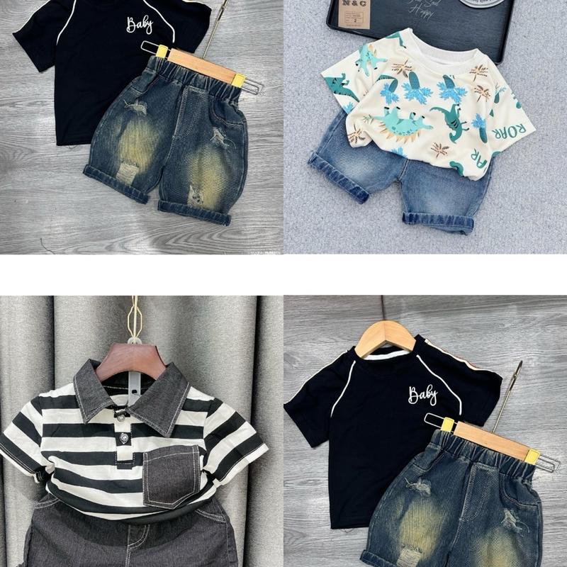 Bộ quần áo cộc Baby và cotton gai hình  màu Đen , màu trắng , Cam  Và  cho bé trai từ 8-28kg( mua 3 bo kèm 1 kính - 5 bo kèm 1 đồng hồ )[shop Linh kids88] Jean