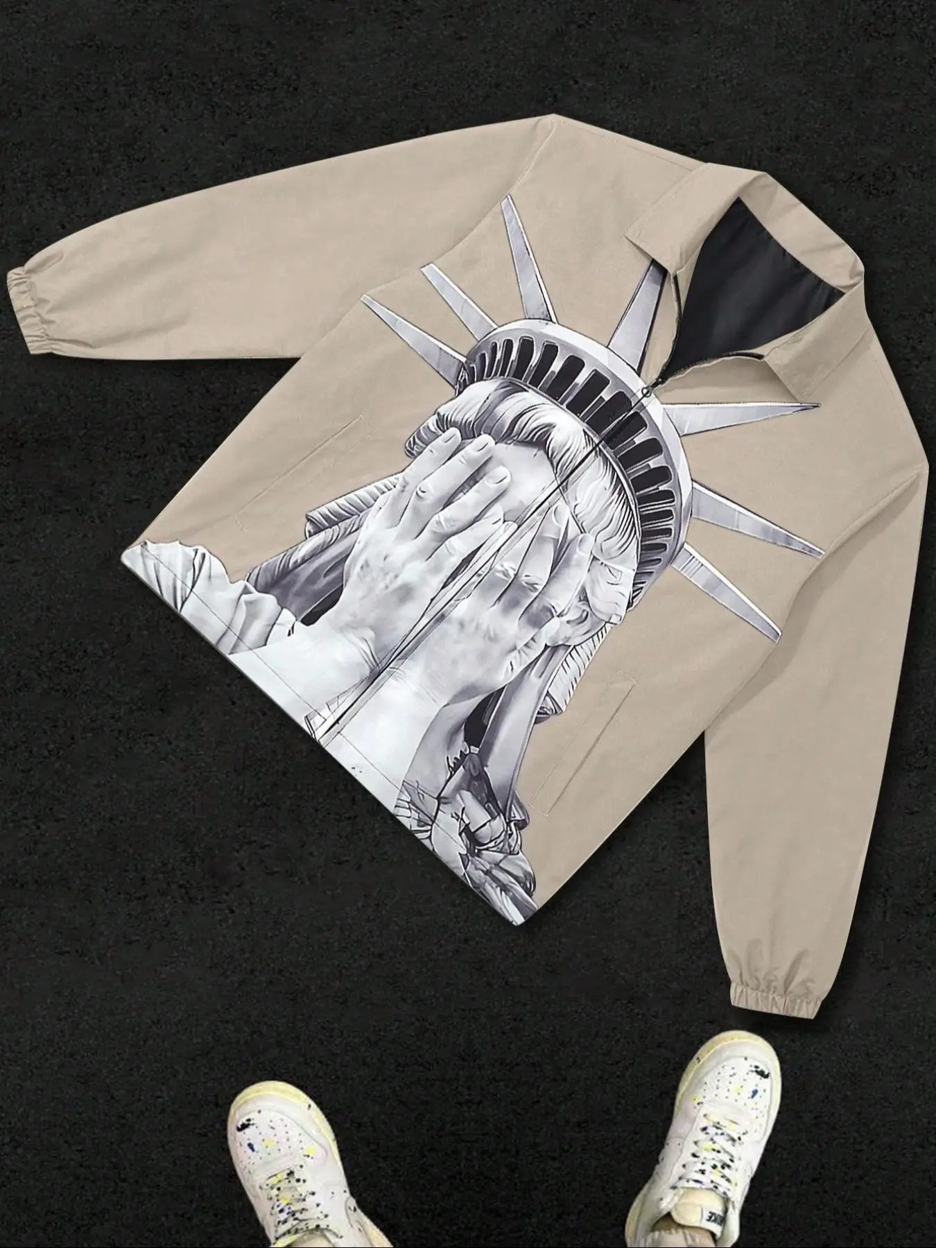 Men's Regular Fit Statue Of Liberty Print Zip Up Jacket, Casual Fashion Comfy Long Sleeve Collared Outerwear for Daily Outdoor Wear, Men Cloths for Spring & Fall, Men's Clothing