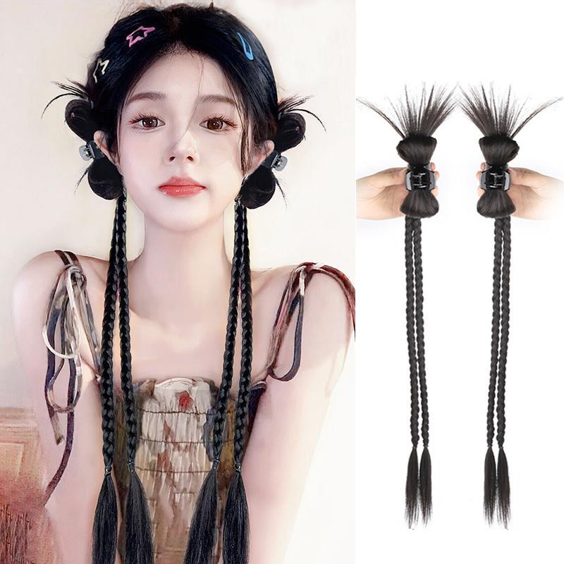 Tóc Giả Bện Tóc Đuôi Ngựa Đôi, Nơ Kẹp, Cô Gái Dễ Thương, Bện Đấm Bốc Nửa Buộc, Kẹp Lấy, Phụ Kiện Tóc Mô Phỏng
