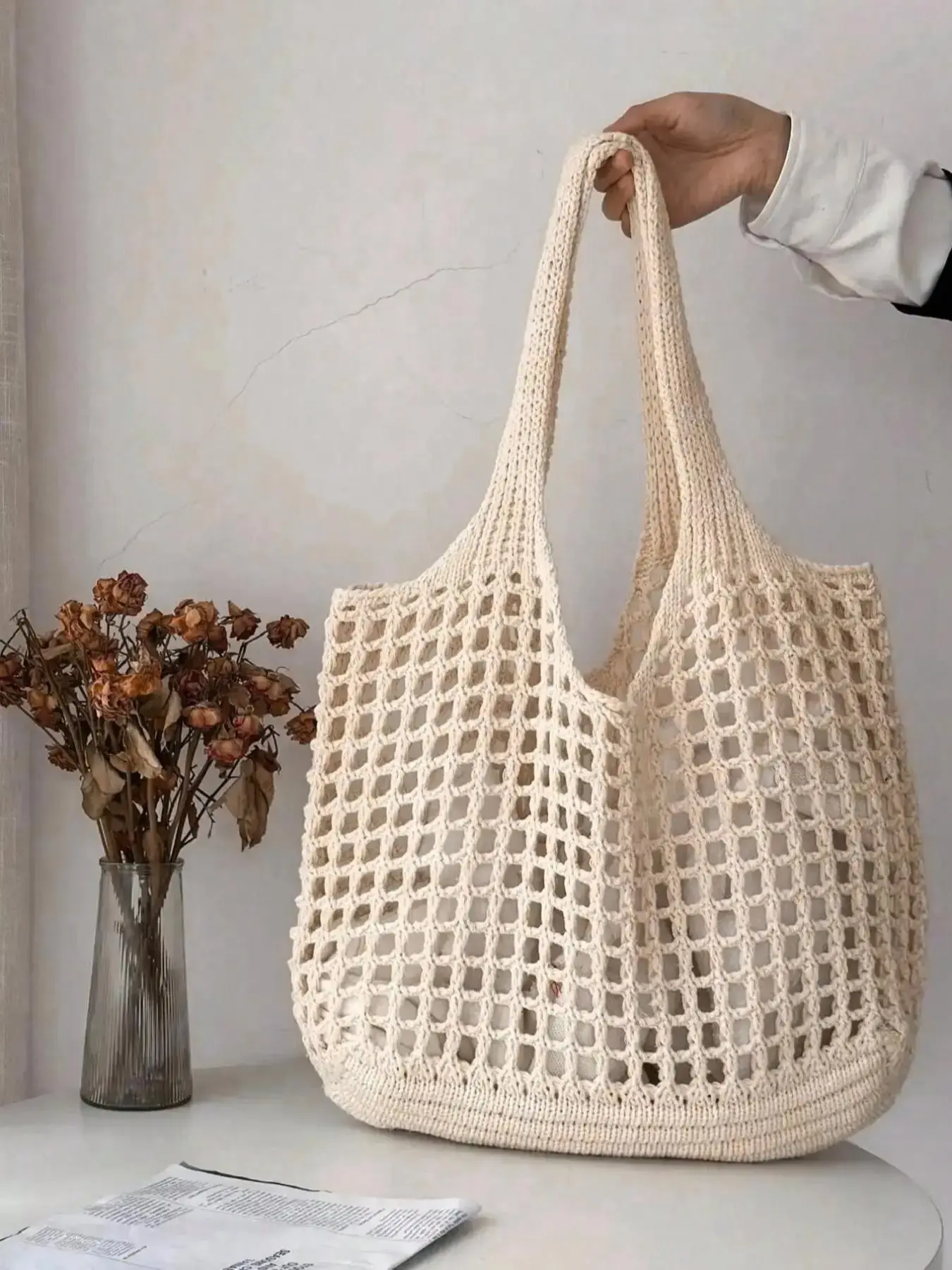 Women's Hollow Out Crochet Shoulder Bag, Fashionable Solid Color Knit Shoulder Bag for Daily Used, Casual Trendy Versatile High-quality Daily Bag, Girl Fashionable Shopping Bag,  Bags for Women