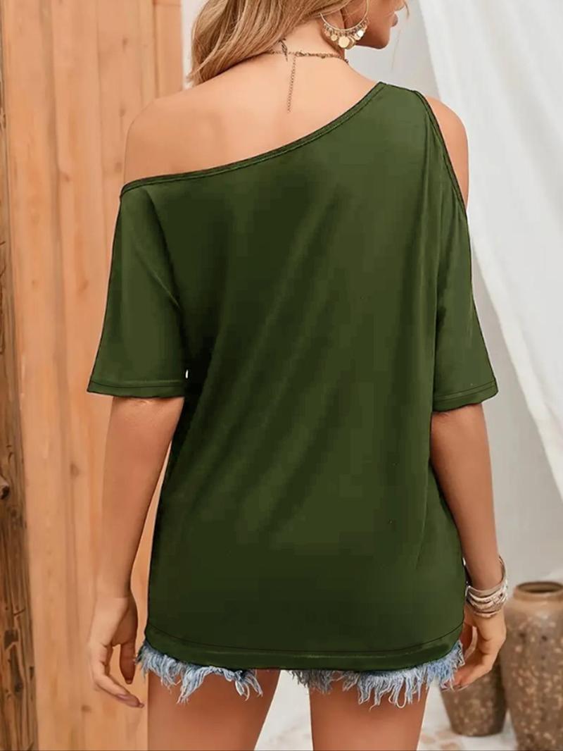 Product Introduction of Women's Heart Print Cut Out One Shoulder Half Sleeve Tee, Fashion Casual Batwing Sleeve Asymmetrical Neck T-Shirt for Summer, Ladies Clothes for Daily Wear 7