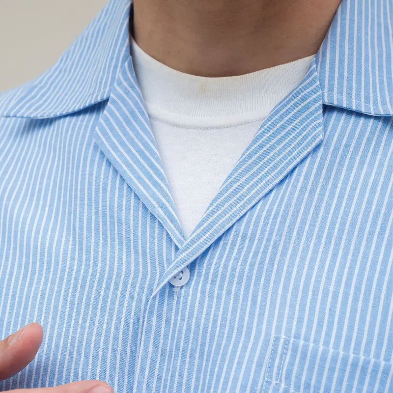 Kemeja Garis Pria WOODCUTTER Open Collar Ratcher Stripes - Blue Pendek 1