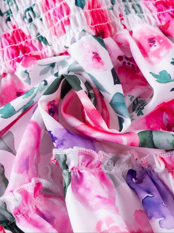 Toddler Girl's Floral Print Frill Ruffle Shirred Tank Dress, Cute Boho Butterfly Sleeve Square Neck A Line Dress for Summer, Kids Clothes for Party Holiday Vacation Wedding Guest 2
