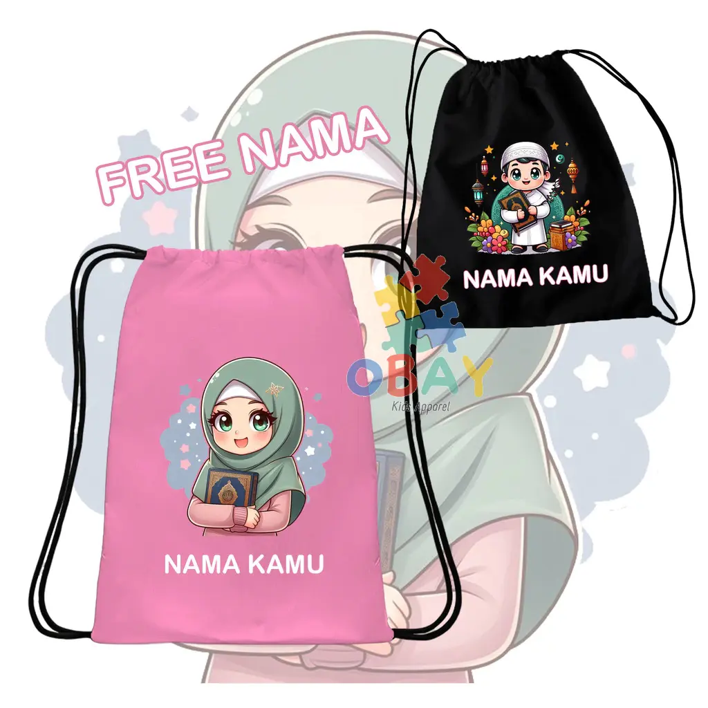 Tas Serut Anak Ayo Ngaji Karakter Islami Lucu untuk Sekolah, Ngaji, Souvenir Murah