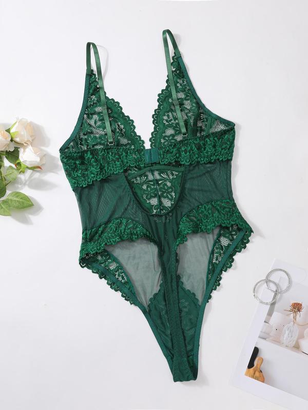 【Plus Size】 Floral Lace V Neck Backless Cami Bodysuit, Elegant Contrast Lace Spaghetti Strap Bodysuit for Women, Women's Sleepwear for All Seasons 2