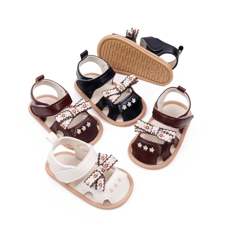 Dép Xăng Đan Nơ Dễ Thương Cho Em Bé Gái, Cho Bé Gái Mới Biết Đi, Thêu Hoa, Thiết Kế Khoét Lỗ Đế Mềm, Giày Đi Bộ