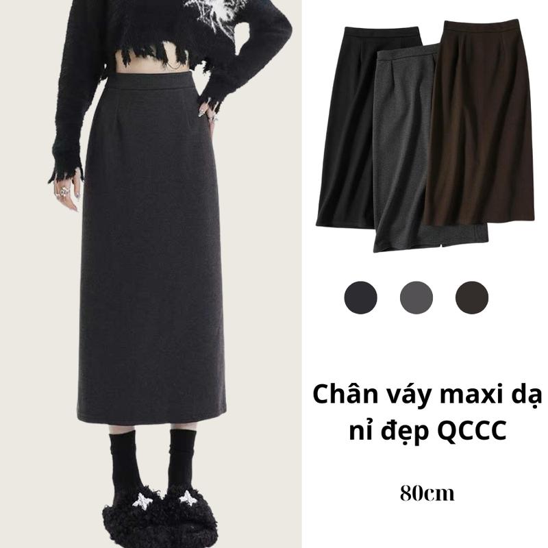 QCCC Chân váy xuông maxi chất dạ nỉ mịn hàng đẹp có kéo khoá xẻ sau 80cm. S-M-L-XL C64