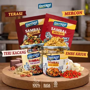 10 Sachet Gurisaji Sambal Mercon & 1 Jar Sambal Embe Kriuk & 1 Jar Sambal Teri Kacang & 10 Sachet Sambal Terasi Pedas Siap Saji