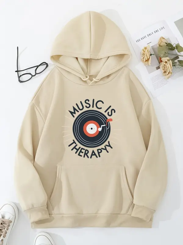 【Plus Size】 Letter Print Drop Shoulder Hoodie, Casual Long Sleeve Drawstring Pocket Hooded Sweatshirt, Women Plus Clothing for Fall & Winter 0