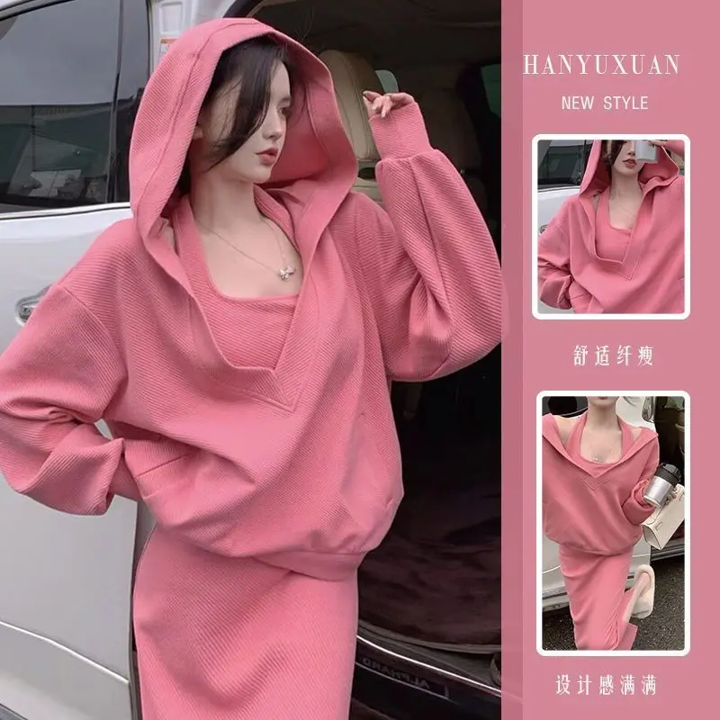 Bộ Đồ Có Mũ Trùm Đầu Màu Hồng, Áo Len, Quần Áo Nữ, Ngoại Cỡ, Nhỏ Hơn Một Chút Quá Mỡ, Thích Hợp Cho Bé Gái, Thiết Kế Giấu Kín Hàng Mới Về, Váy Mùa Thu Mỏng, Bộ 100.00G Mảnh