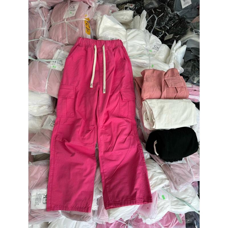 HCM Quần kaki túi hộp nữ ống suông dây rút trắng thêu chữ lưng thun phong cách đường phố tôn dáng ms425 đi dạo đi chơi pants womenswear