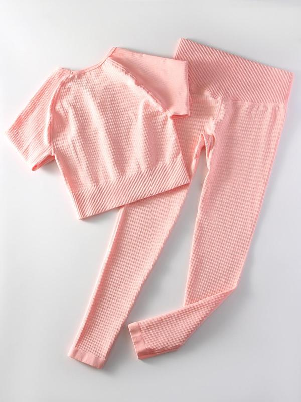Two-Piece Set Women's Solid Ribbed Long Sleeve Crop Top & Wide Waistband Leggings Tracksuit Set, Sporty Breathable Outfits Co-ord Chav Set, Soft Comfy Tracksuit for Summer 5