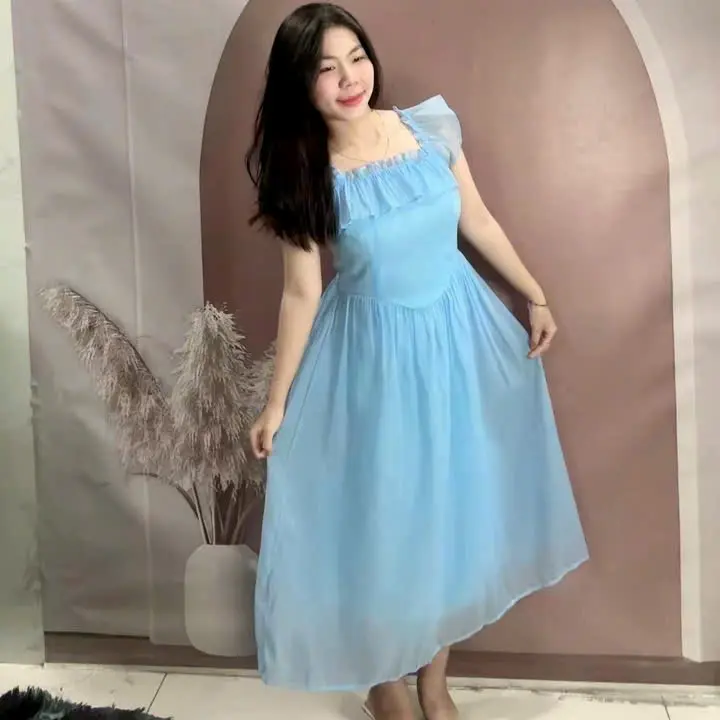 Đầm Maxi 2 Dây Dáng Dài Tay Bèo Bẹt Cổ Vuông Có Độ Co Giãn Nhẹ Thoải Mái Dạo Phố, Đi Biển Tiệc Tùng Voi Nữ 7