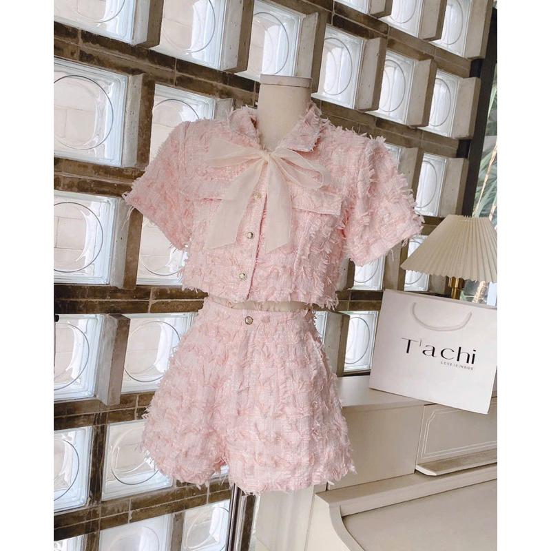 Set bộ nữ croptop dạ hồng hotrend kèm nơ tiểu thư - Hồng Phấn, chất liệu dạ lông, size S M 8