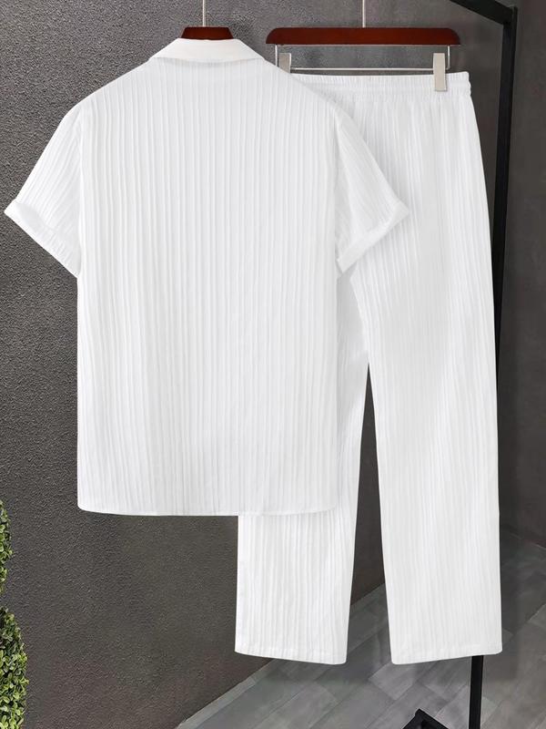 Men's 2pcs Button Front Shirt & Drawstring Pocket Pants Set without Tee & Necklace, Casual Short Sleeve Collar Shirt & Elastic Waist Trousers, National Day Clothing, Men's Two-piece Outfits for Summer 4