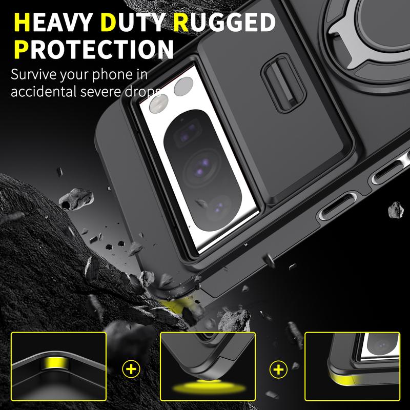 360 °     Magnetic Metal Ring Holder Phone Case With Sliding Camera Protection For Google Pixel 9A Pixel 9 Pro XL 9 9 Pro 8 Pro 8A 7 Pixel 7 Pro Heavy Duty Shockproof Armor Hard Back Cover Dustproof, IP67 waterproof, sweat proof 4