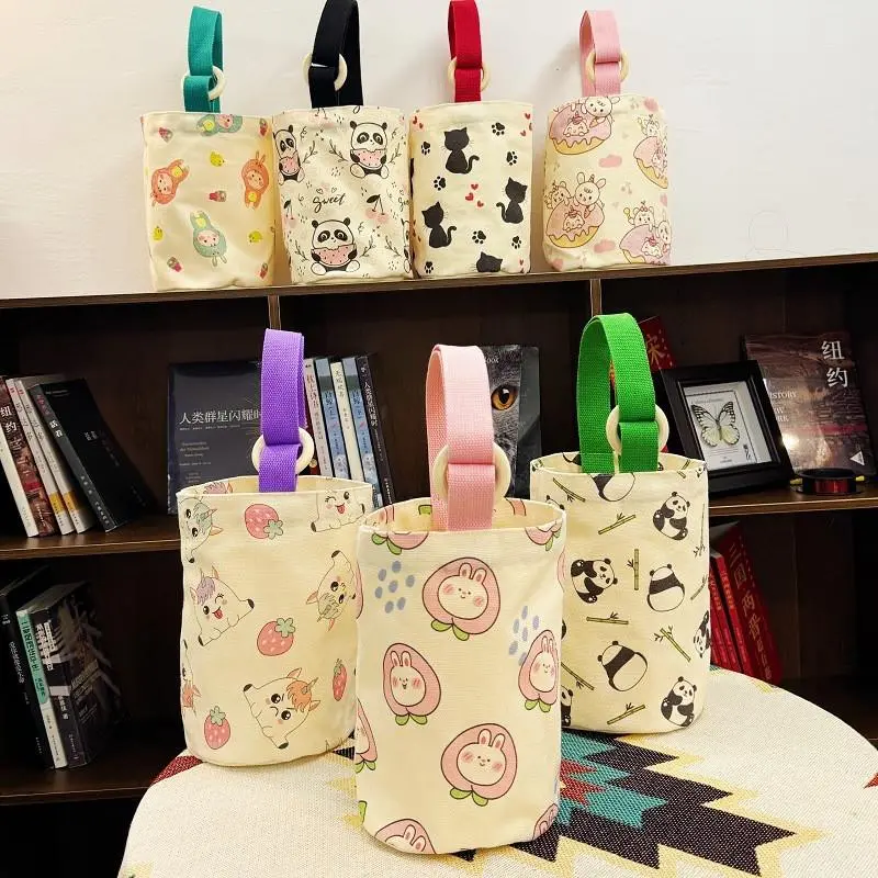 Túi vải canvas đựng bình ly giữ nhiệt có quai xách cute, Túi đựng bình hoạ tiết hoạt hình gấu trúc xinh xắn 1