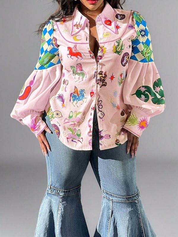 Plus Size Galaxy & Animal Print Button Front Shirt, Retro Lantern Sleeve Collared Top, Gift Set for Women, Women's Plus Clothes for Daily Wear 7