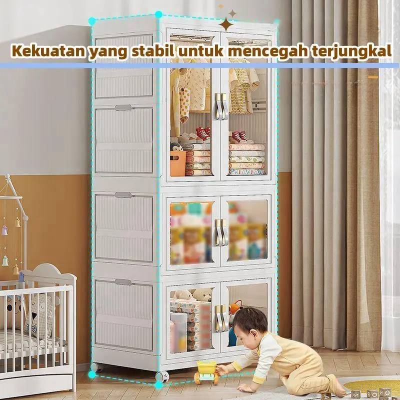 Lemari Pakaian Multifungsi Lemari penyimpanan kebutuhan sehari-hari Lemari makanan ringan Lemari Rumah Lemari Mainan Dapat dilipat  Tanpa Instalasi Roda 360  Pintu Plastik Furniture rak kaca 7