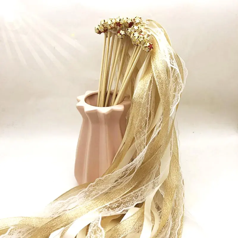 [TUNI] 5Pcs Ribbon Wedding Wands Wedding Lace Ribbon Stick Bells Twirling Streamers