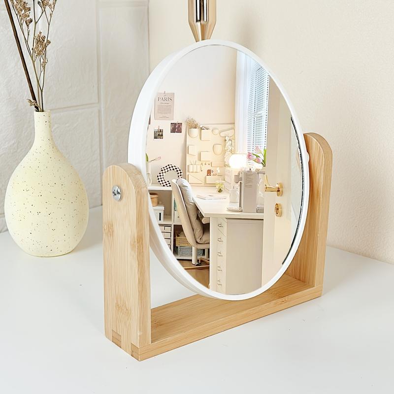 [Elegant Makeup Mirror] 1pc Elegant Wooden Frame Double-Sided Makeup Mirror |   Rotating, Simple Desk Stand Design, with Magnification - Ideal for Home Vanity Use, Makeup Vanity Desk 4