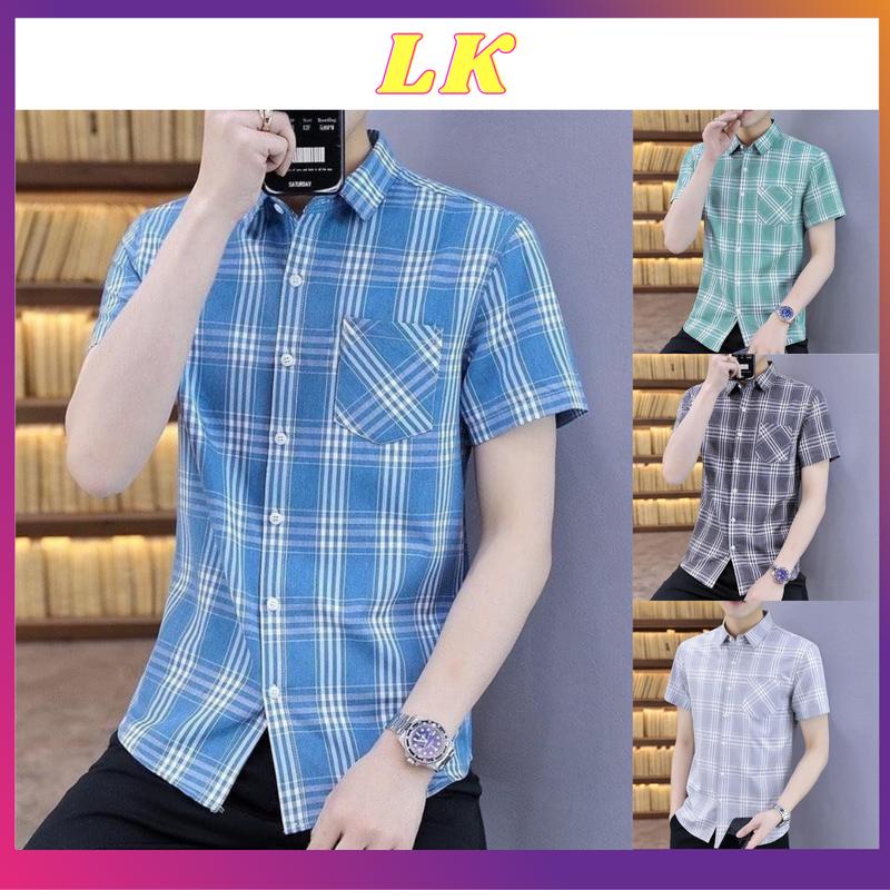 Áo sơ mi nam in sọc tay ngắn body ôm dạng sơ mi  công sở chuẩn form hàn quốc trẻ trung-MON02 Menswear Shirt Có Cổ