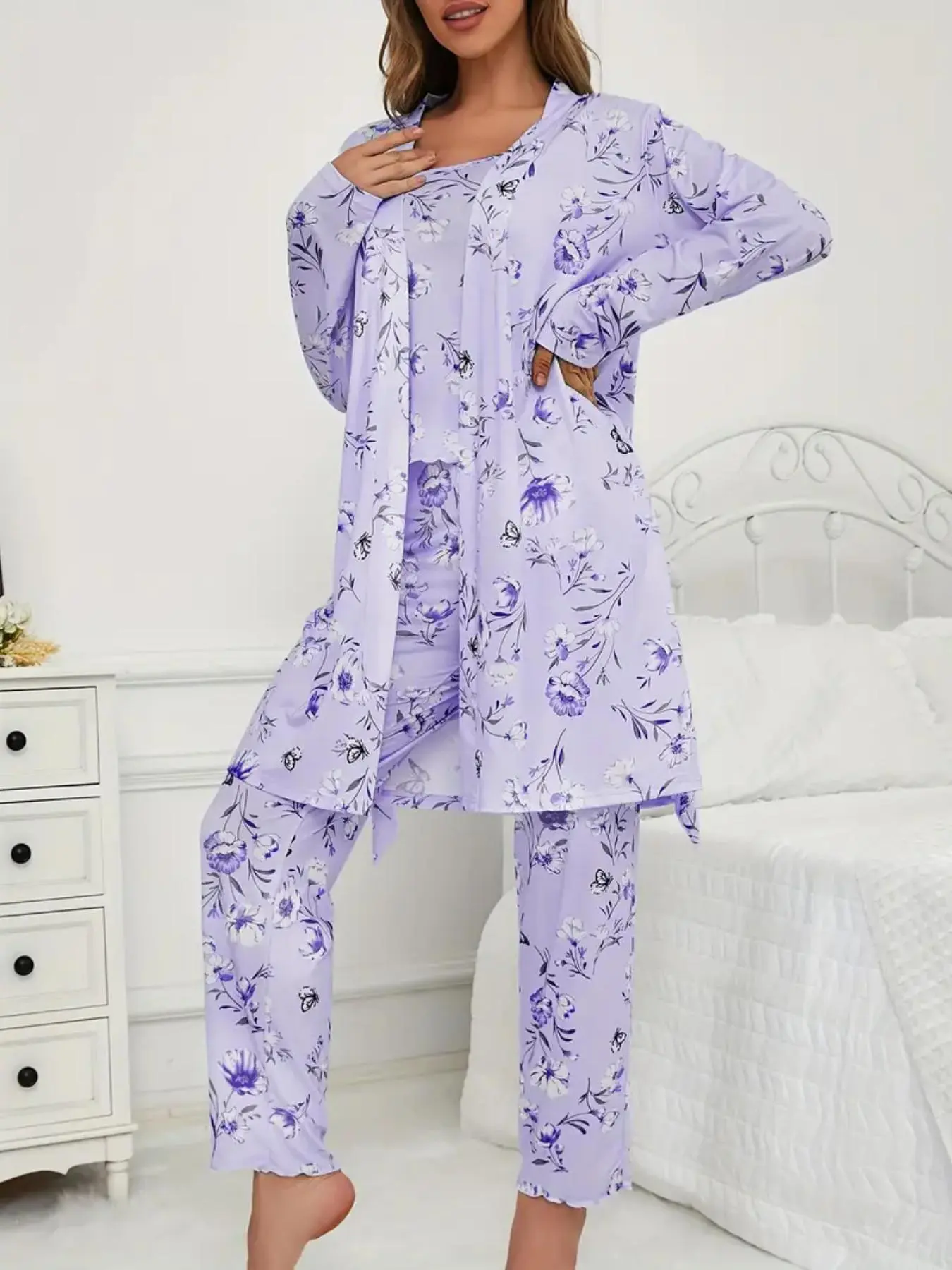Three-Piece Set Women's Floral Print Belted Lounge Robe & Pants & Top Set, Casual Comfy Pyjama Set for Women, Women's Sleepwear for All Seasons, Pajamas