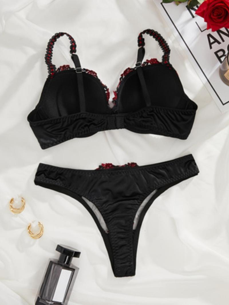 Product Introduction of Women's Floral Embroidery Contrast Mesh Underwear Set, Adjustable Strap Push Up Bra & Thong Set, Romantic Lingerie Set for Women 7