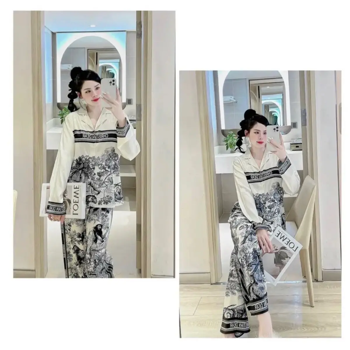 ) Đồ bộ, đồ ngủ pijama tay dài chất liệu lụa xước dưới 62kg  rừng đen