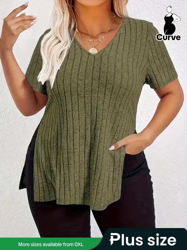 Plus Size Plain Split Hem V Neck Tee, Casual Short Sleeve T-shirt for Summer, Women's Plus Clothing for Daily Wear 0