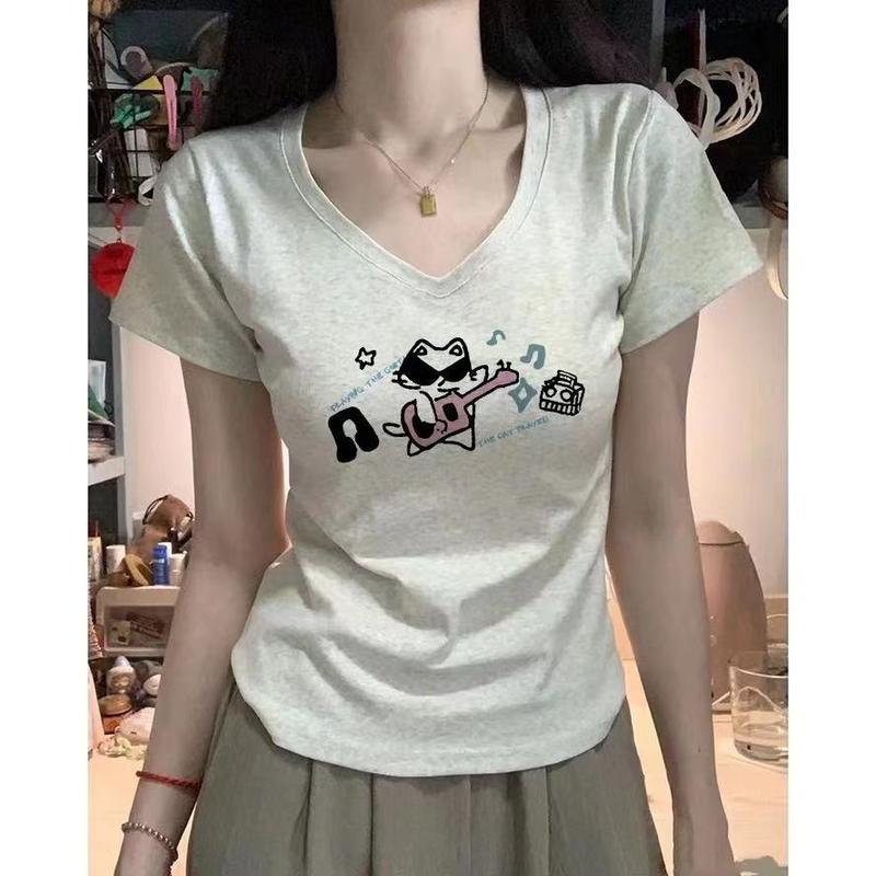 100% cotton Áo baby tee Áo Thun ôm body Áo y2k Áo thun in hình cổ chữ V mỏng phiên bản Hàn Quốc Nữ Top Women Cổ Tròn Voi