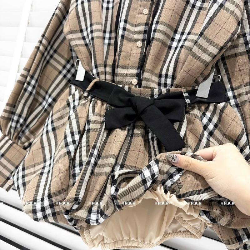 Bộ Set Áo Sơ Mi Kẻ Và Chân Váy Bồng Nữ Women Dress 4
